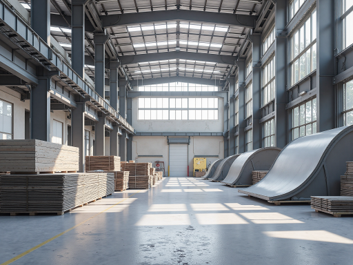 Modern manufacturing facility exterior view, industrial building with modern architecture, professional manufacturing environment