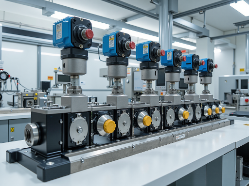 Industrial manufacturing equipment showing pneumatic telescopic mast and 6-DOF platform, high precision machinery with metal components, modern factory setting